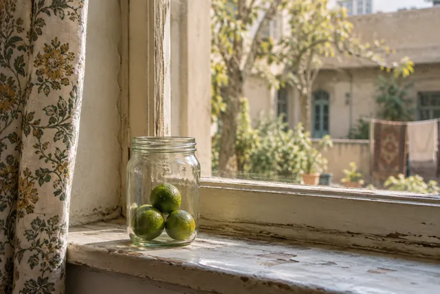 Illustrative image of three green limes in a glass jar on a sunlit windowsill, beside a patterned curtain.